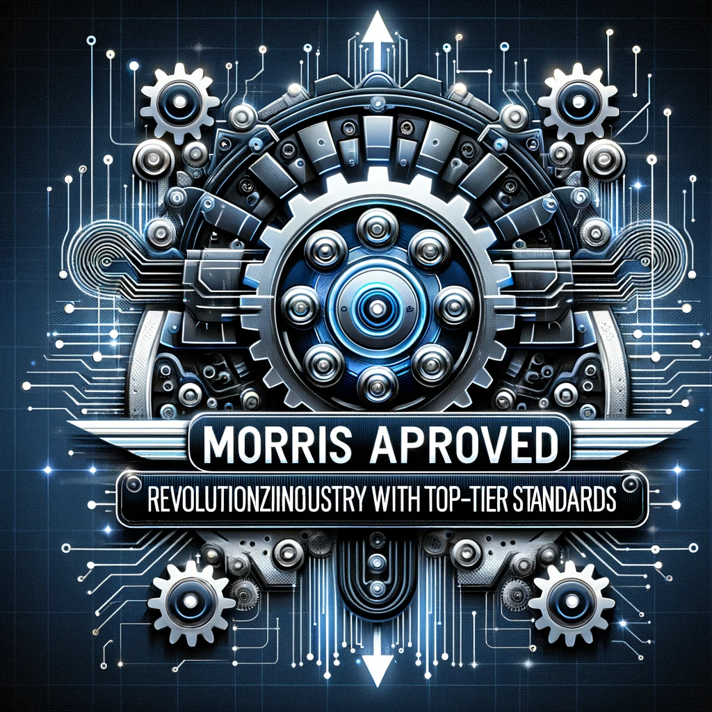 An innovative and sleek design featuring modern elements like gears and circuitry in bold shades of blue, silver, and black, with the prominent words "Morris Approved