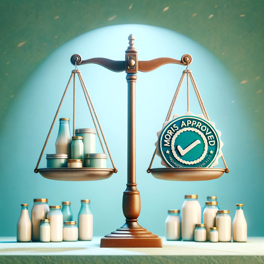 An image showing a balance scale with the 'Morris Approved' seal on one side and common consumer goods on the other, set against a soothing light blue or green background, symbolizing trust and reliability.