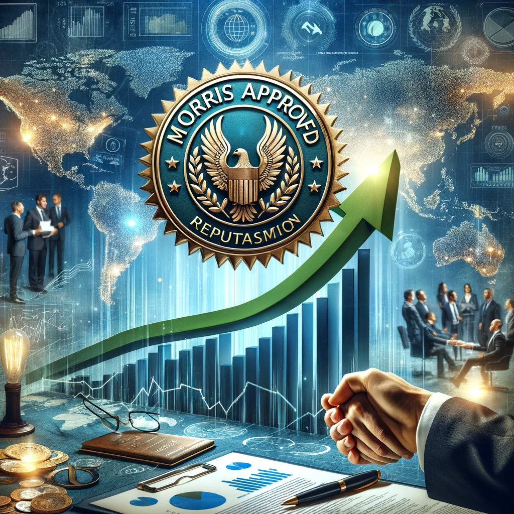 An image featuring an upward trending graph or chart symbolizing business growth, with the Morris Approved seal, set against a professional blue or green background indicating growth and trust.