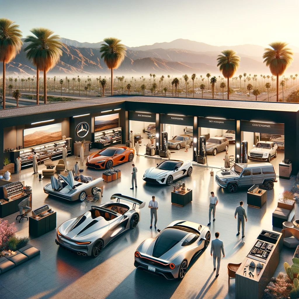 A luxurious car service center in Palm Springs with high-end vehicles and sophisticated design.