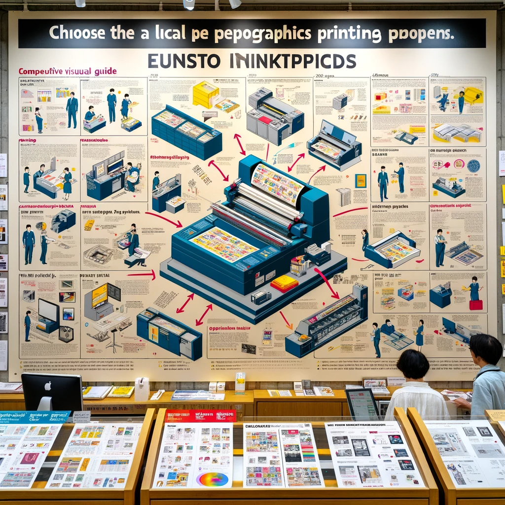  A comprehensive visual guide on reprographics printing displayed in a local print shop with customers and staff discussing.