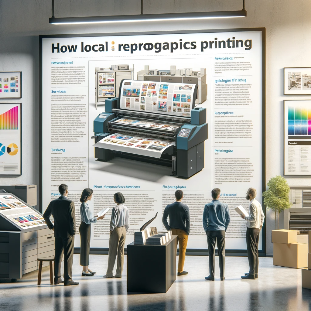 Customers and staff in a print shop referring to a comprehensive guide on reprographics printing services and technologies.