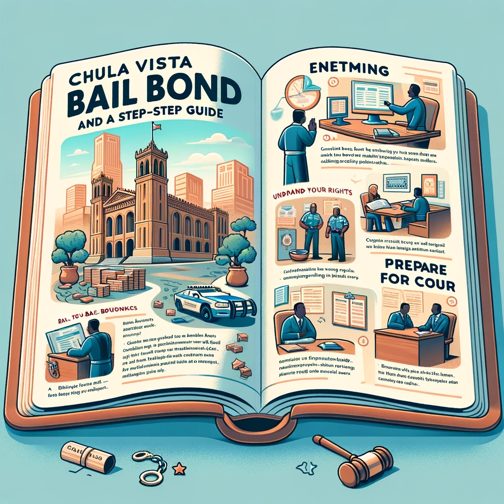 An open book with illustrated pages detailing the bail bond and legal process in Chula Vista, set against the city's skyline.
