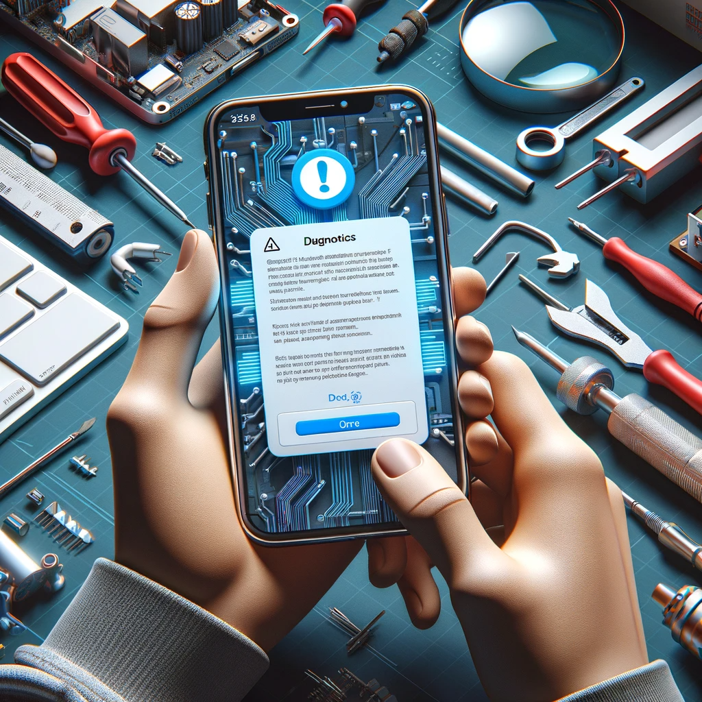 A 3D image of hands holding an iPhone with an error message, surrounded by repair tools and set in a tech workshop.