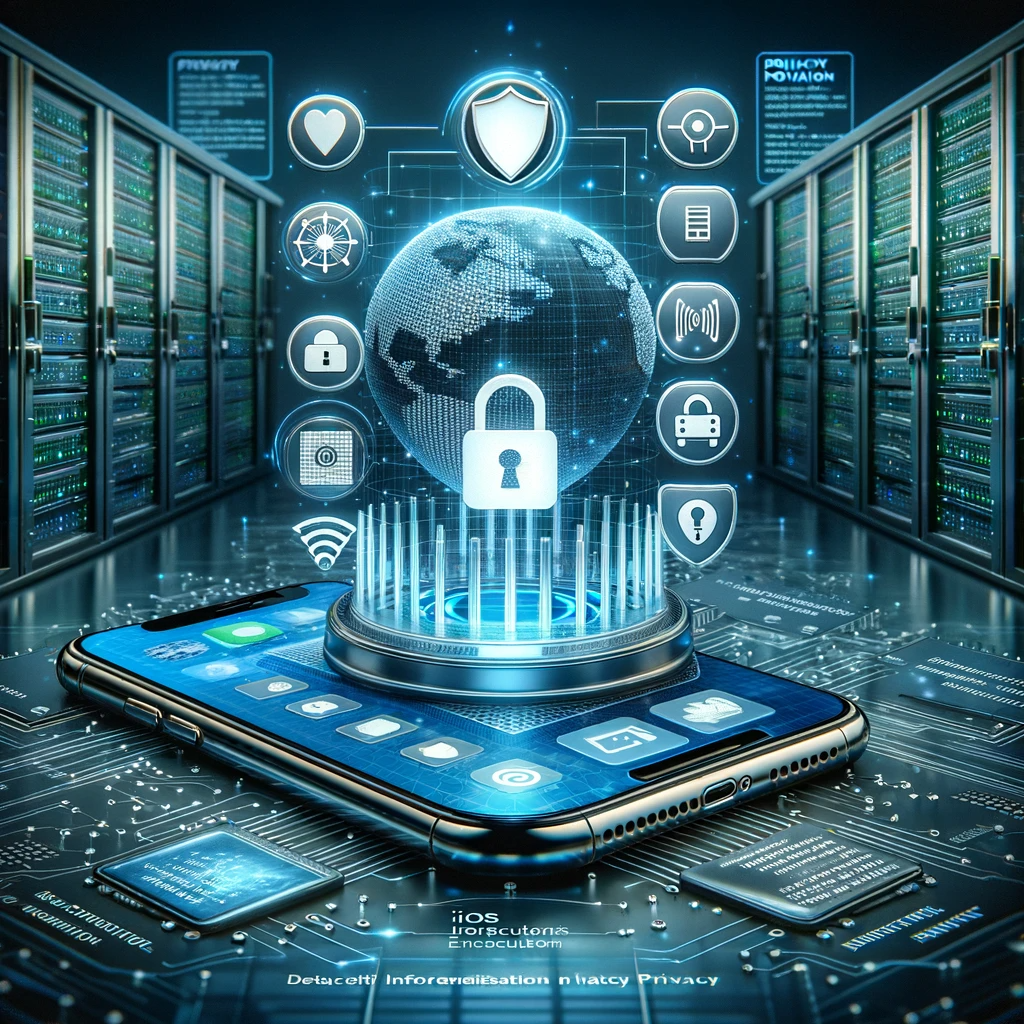 A 3D image showcasing an iPhone with a fortified digital interface, surrounded by digital shields and lock symbols, set against a secure server room background.