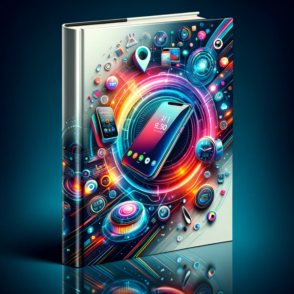 Book cover featuring modern mobile technology elements like smartphones and smartwatches, with a dynamic, digital background.