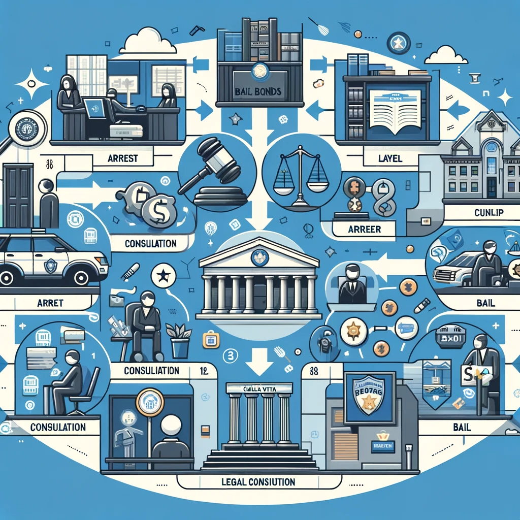 An educational flowchart depicting the step-by-step bail bond and legal process in Chula Vista, set against legal landmarks.