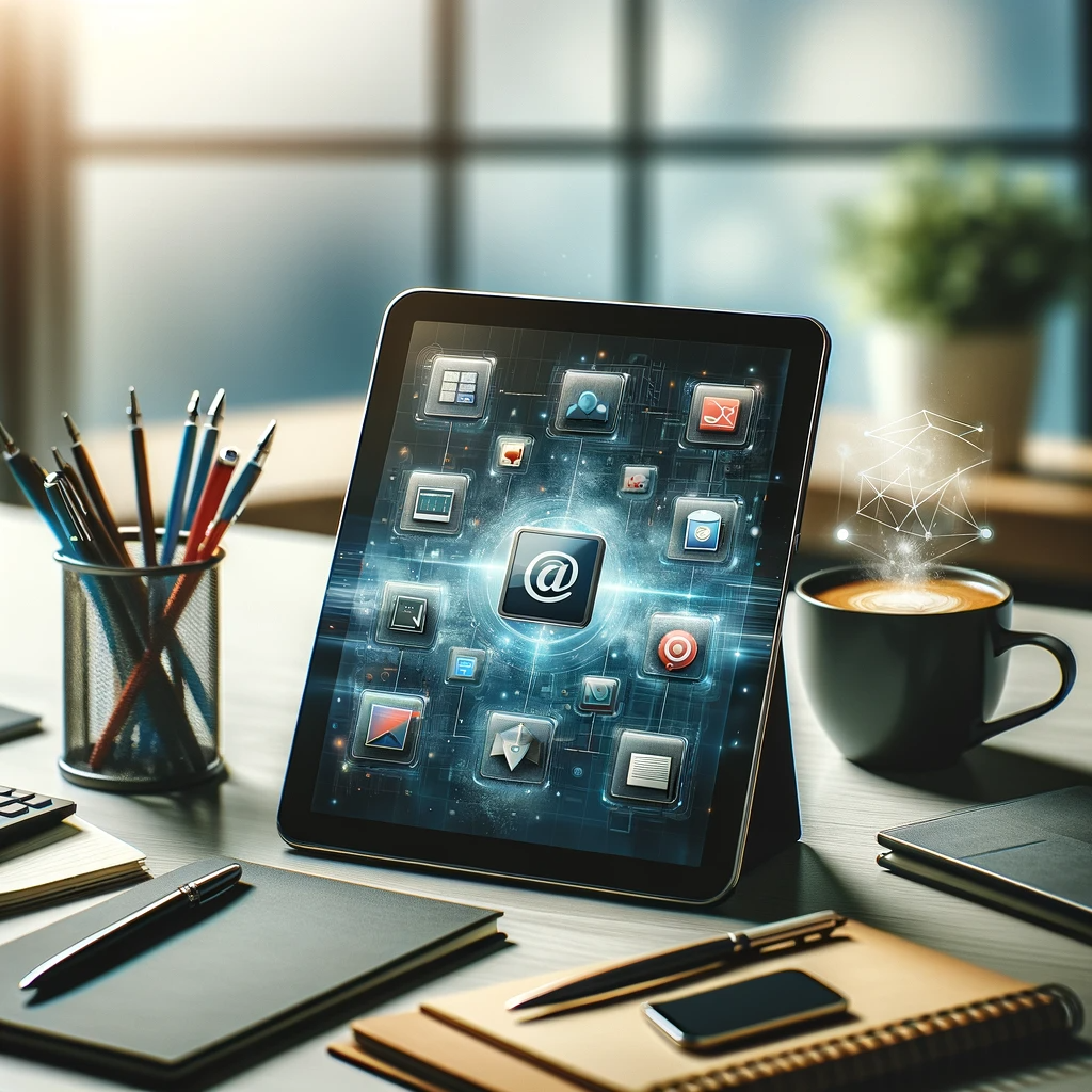 Tablet with productivity apps on a desk with office supplies.