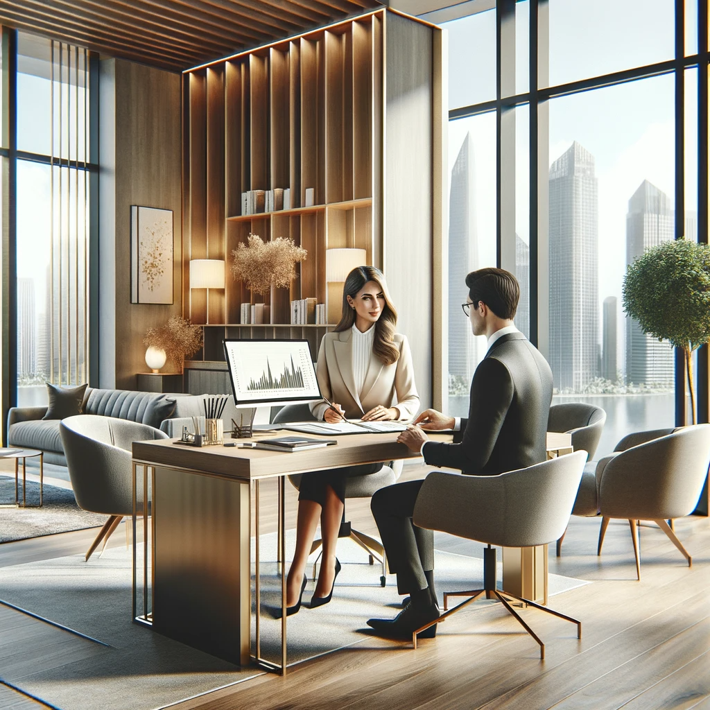 An elegant financial planning office in Newtown, PA, with a Middle-Eastern female advisor in her 40s, consulting at a wooden desk.