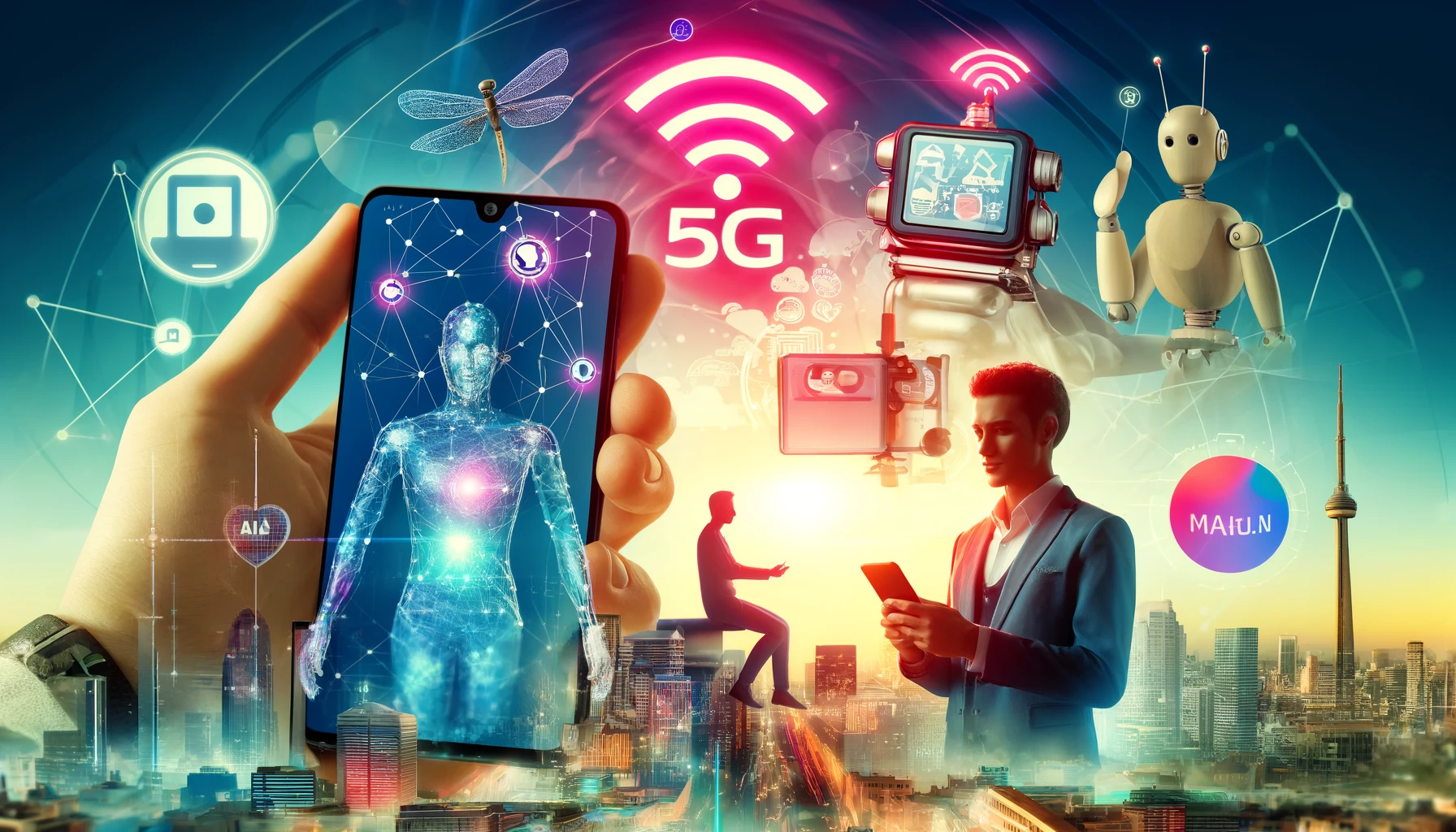 A digital collage showing innovations in mobile technology including a foldable smartphone, 5G connectivity, AI integration, mobile payments, and health-monitoring wearables.