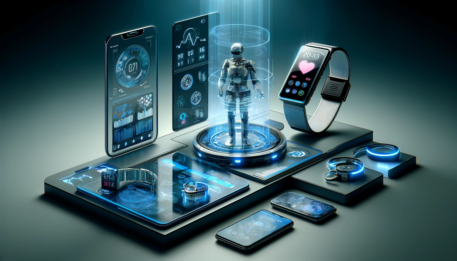 A modern display of 2024's top mobile technologies including a foldable phone, wearable health monitor, VR headset, and an AR-enabled smartphone in a futuristic setting.