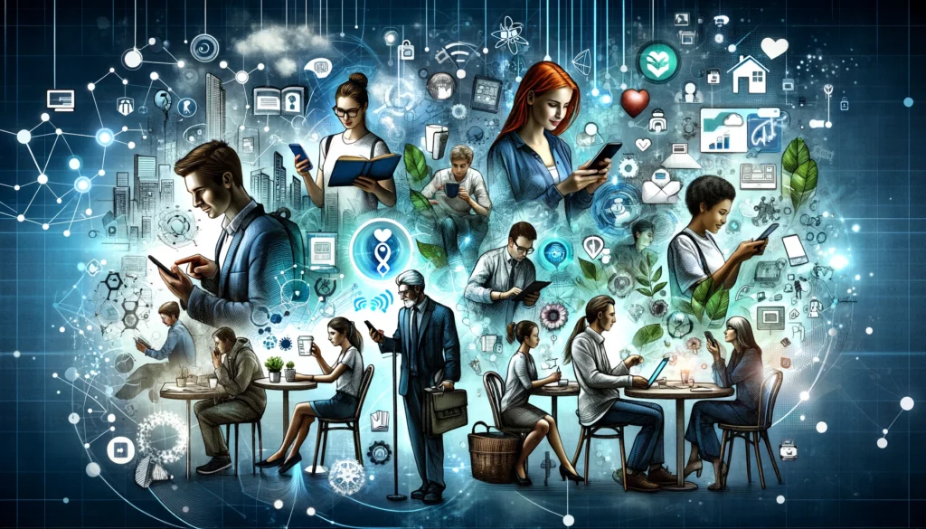 A diverse group of people using mobile devices in different environments, symbolizing the widespread benefits of mobile technology in connectivity and innovation.