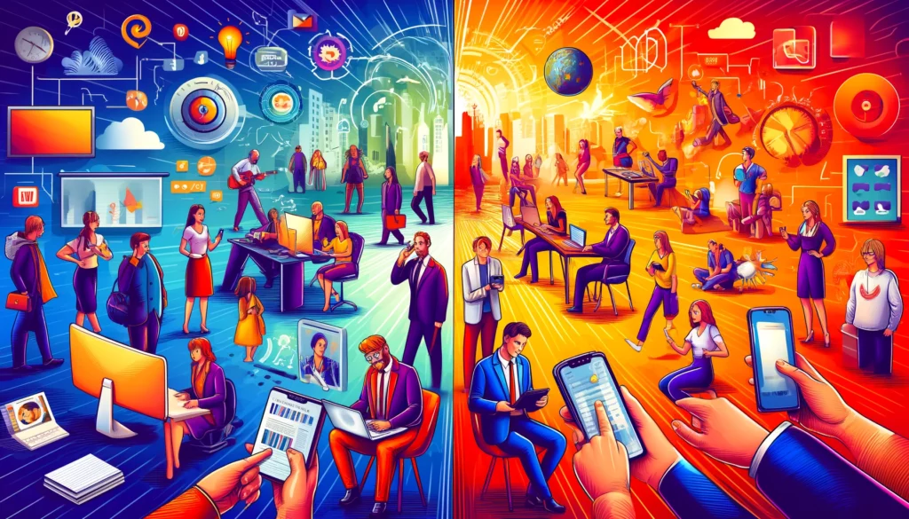 Illustration showing people using mobile technology for work and play. On the left, a group uses devices for professional tasks; on the right, individuals engage in entertainment activities like gaming and streaming.