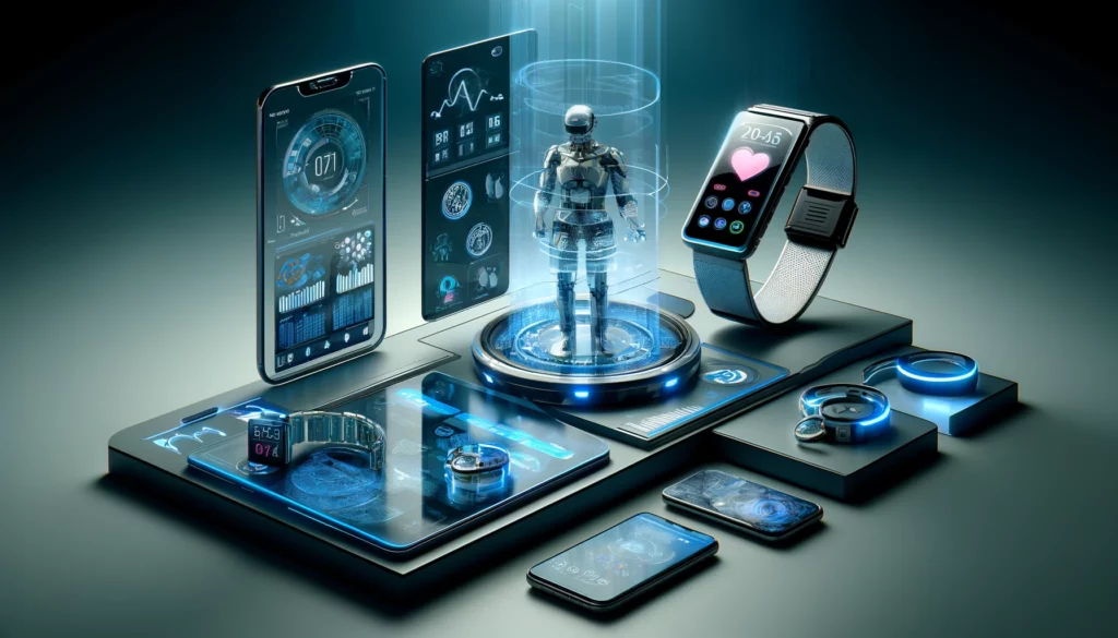 A modern display of 2024's top mobile technologies including a foldable phone, wearable health monitor, VR headset, and an AR-enabled smartphone in a futuristic setting.